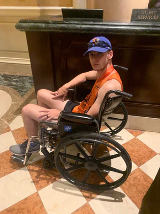 The wheelchair ride through the hotel lobby